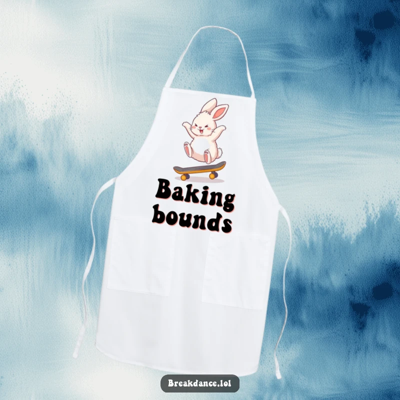 Funny apron with a fluffy bunny rabbit doing a backflip on a tiny skateboard, perfect for kitchen tasks and adding a humorous touch.