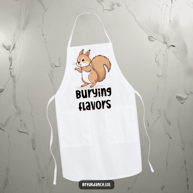 Funny apron featuring a playful squirrel doing a floor spin on its bushy tail, perfect for kitchen tasks and adding a humorous touch.