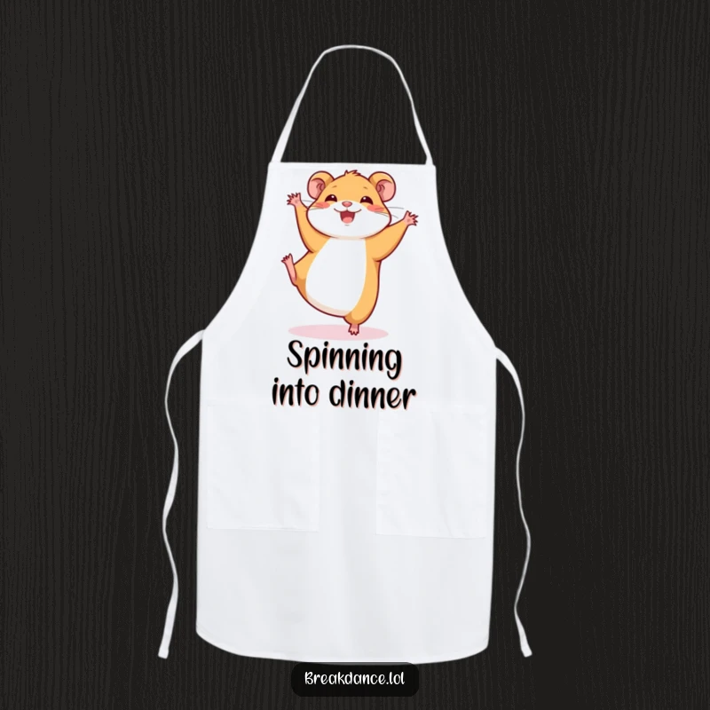 Funny apron depicting an energetic hamster performing a cartwheel. Great for aspiring chefs and cooks who enjoy a humorous kitchen.