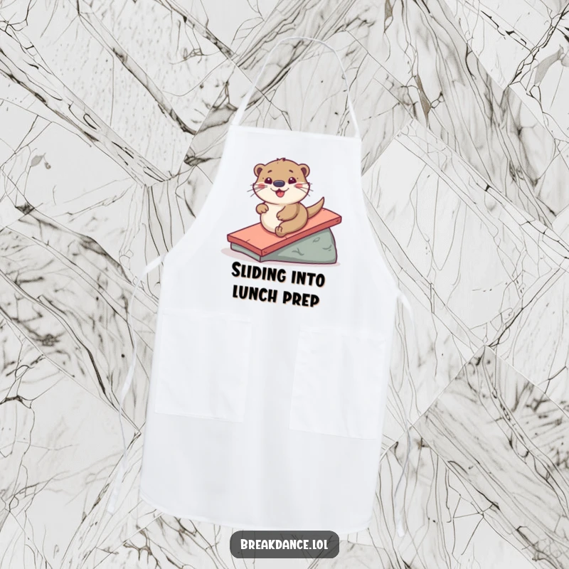 Funny apron with a playful otter sliding down a ramp, ready to add hilarious fun to any kitchen task.