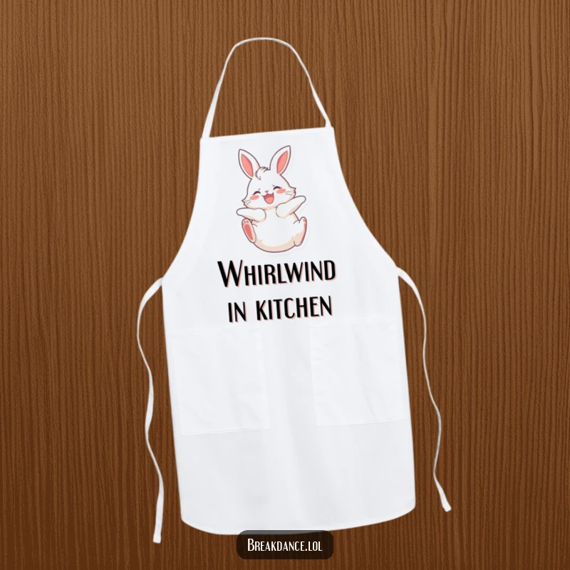 Funny cooking apron showcasing a fluffy bunny spinning on its back with legs kicking joyfully, adding cuteness to culinary tasks.