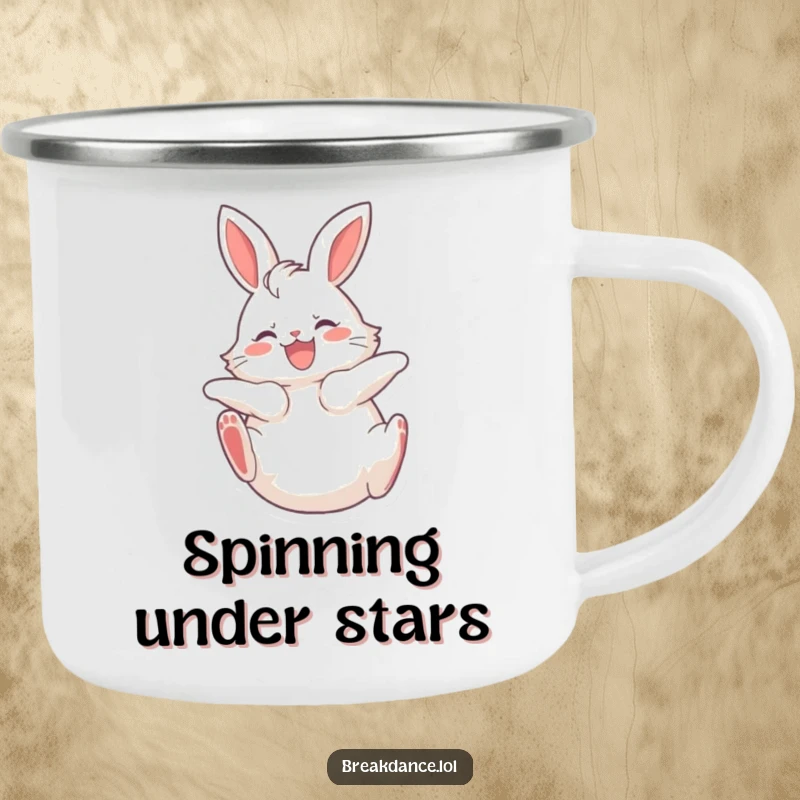 Funny, sturdy camping mug featuring a fluffy bunny spinning on its back with legs kicking joyfully, ideal for outdoor fun.