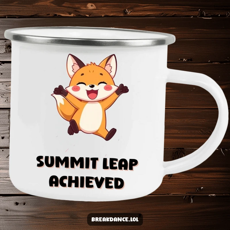 Funny camping mug with a joyful fox leaping through the air, perfect for enjoying beverages during outdoor adventures with a humorous twist.