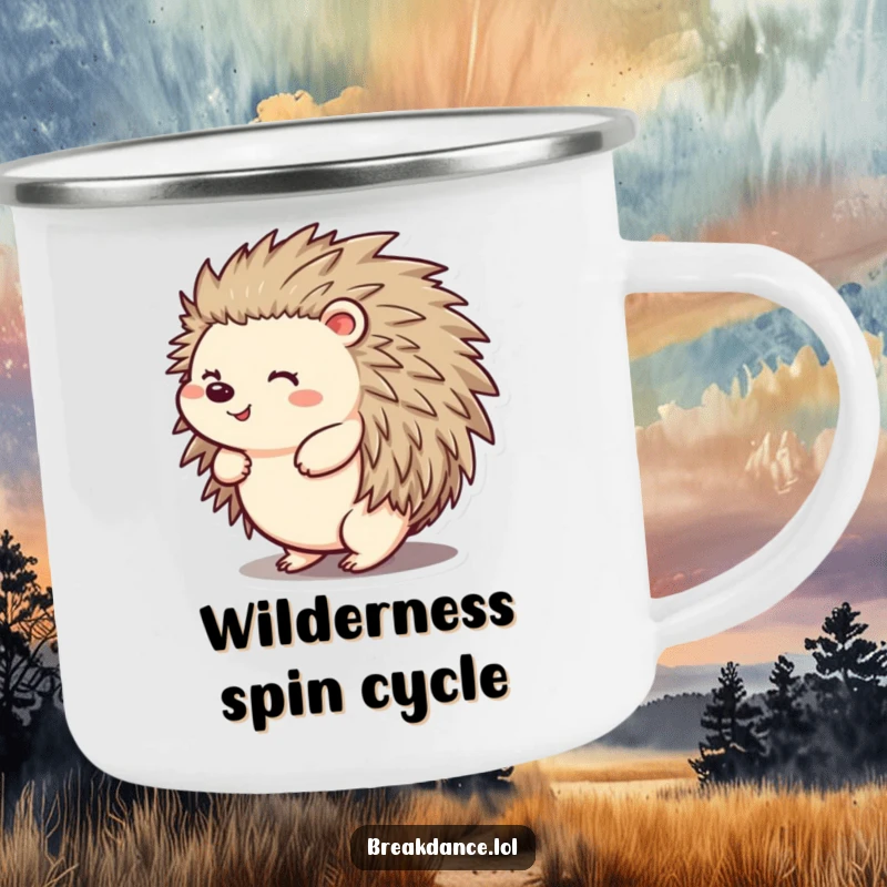 Funny camping mug with a cheerful hedgehog spinning on its back, perfect for enjoying beverages during outdoor adventures with a humorous touch.