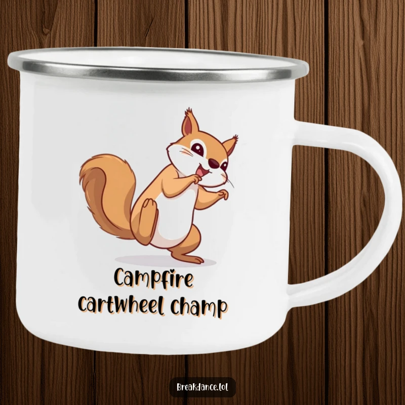 Funny camping mug with a determined squirrel performing a cartwheel, perfect for enjoying beverages during outdoor adventures with a humorous twist.