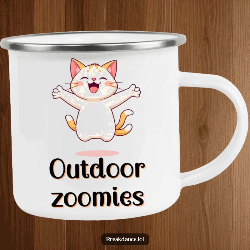 Funny camping mug featuring a cheerful cat leaping and spinning with arms outstretched, perfect for outdoor trips and keeping spirits high.