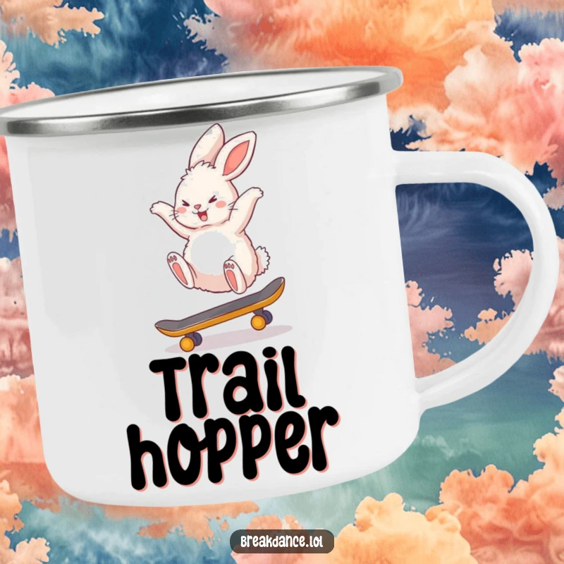 Funny camping mug with a fluffy bunny rabbit performing a backflip on a tiny skateboard, perfect for outdoor trips and keeping spirits high.