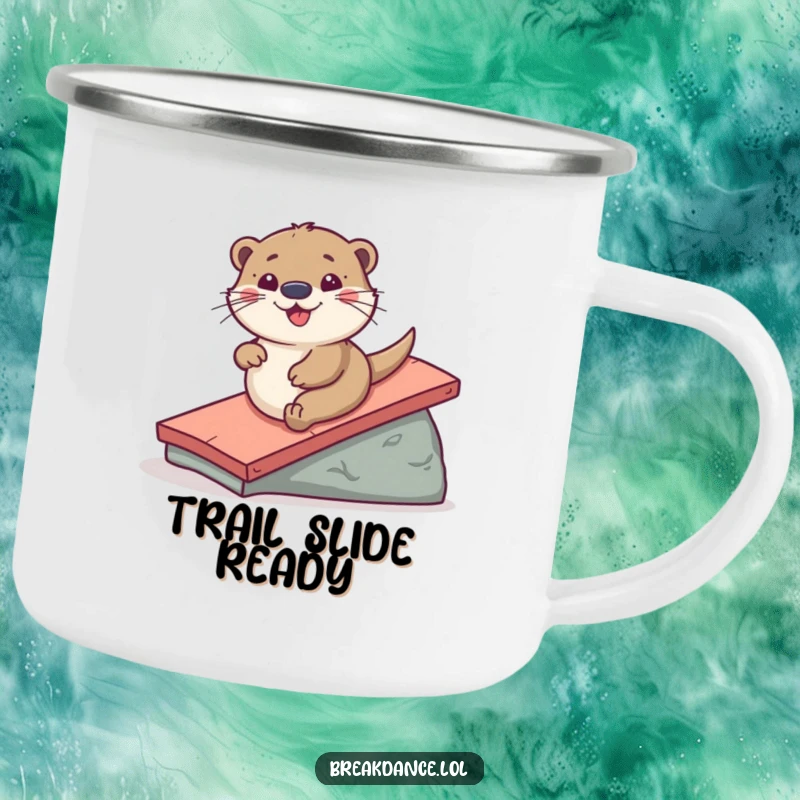 Funny camping mug with a playful otter sliding down a ramp, perfect for enjoying drinks during outdoor adventures with a humorous twist.