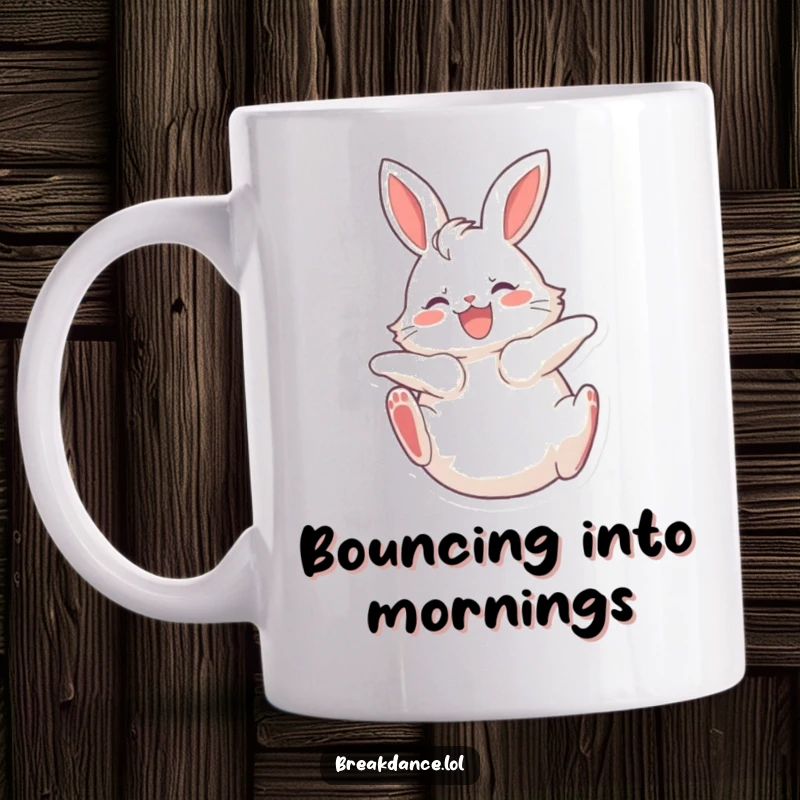Funny mug featuring a fluffy bunny spinning on its back with legs kicking joyfully, radiating pure happiness and cuteness.