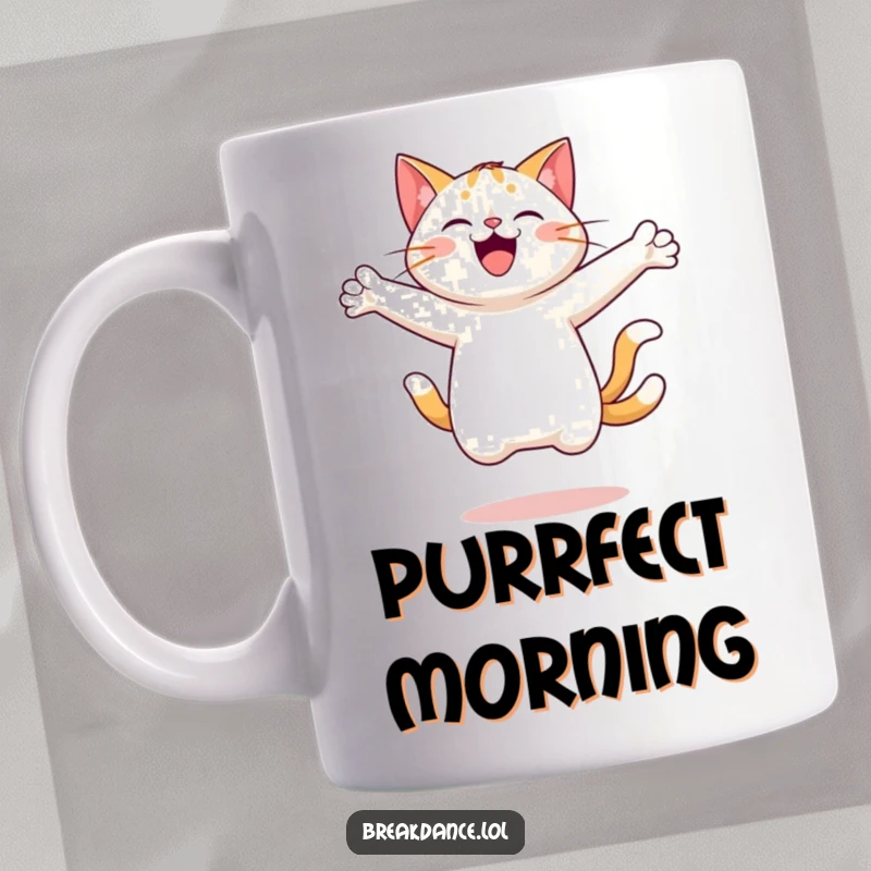 Funny mug featuring a cheerful cat leaping and spinning joyfully with arms outstretched, radiating pure happiness and playful energy.