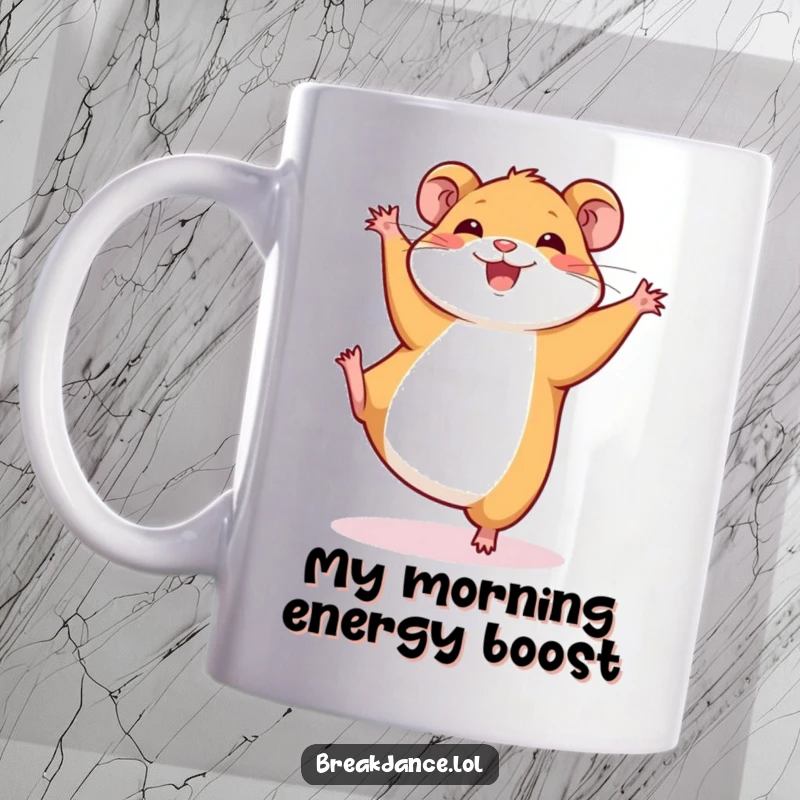 Funny mug featuring a smiling, energetic hamster doing a cartwheel. Perfect for coffee lovers who appreciate a good laugh.