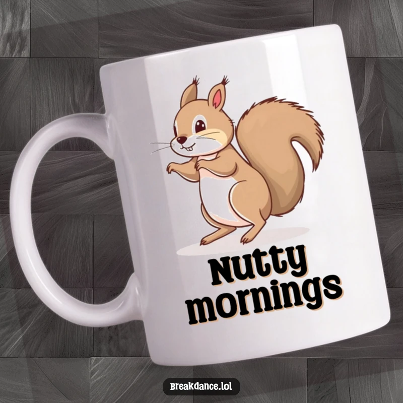Funny mug showcasing a playful squirrel skillfully doing a floor spin on its bushy tail with a determined and happy expression.