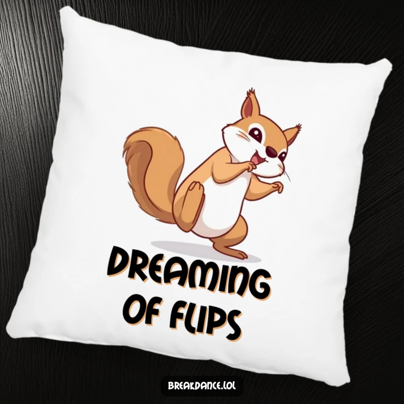 Funny pillow featuring a determined squirrel performing a cartwheel, offering hilarious comfort and a touch of energetic whimsy.
