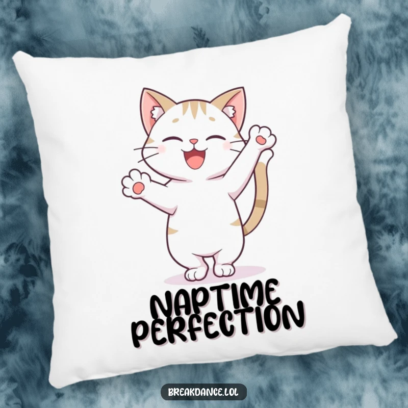 Funny decorative pillow featuring a happy cat in a freeze pose on one paw with tail high, offering comfort and feline elegance.