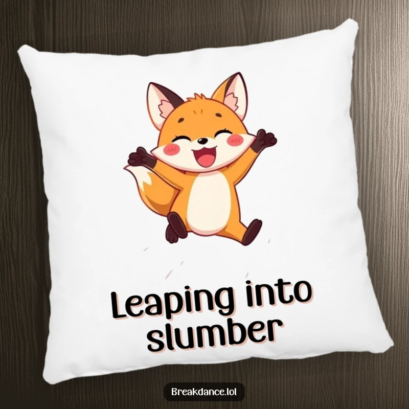 Funny pillow featuring a joyful fox leaping through the air, offering hilarious comfort and a touch of energetic whimsy.