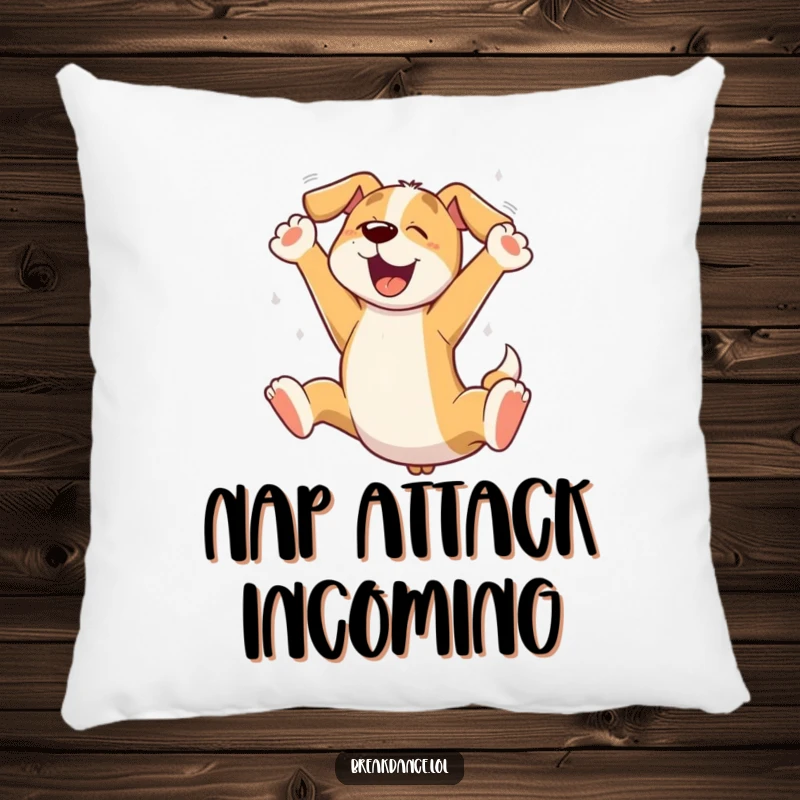 Funny dog leaping pillow, a soft cushion featuring a cartoon dog captured mid-air with its paws wide, full of glee.