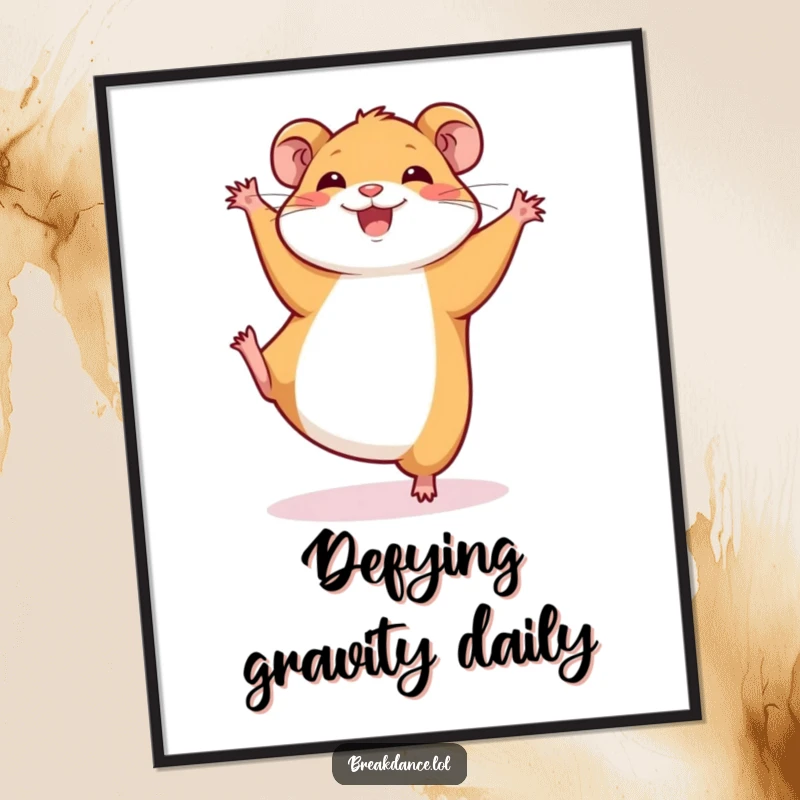 Funny digital art print of a smiling hamster mid-cartwheel. High-resolution, perfect for instant wall decor and humorous gifting.