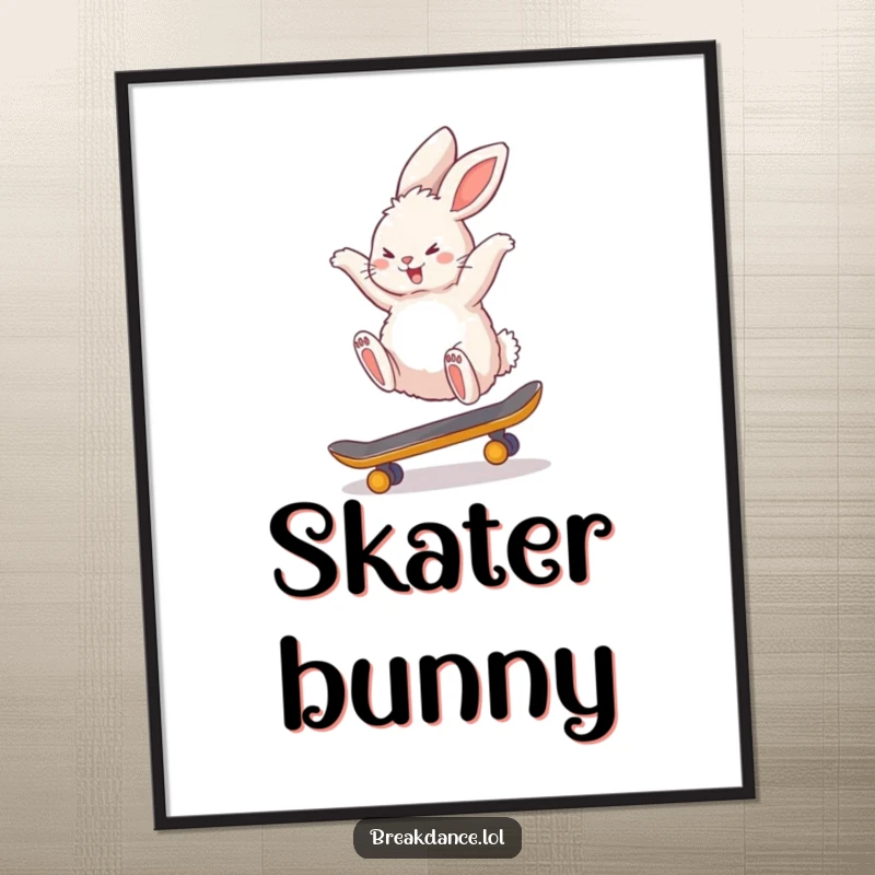Funny digital art print of a fluffy bunny rabbit performing a backflip on a tiny skateboard, bringing instant action and humor to any wall.