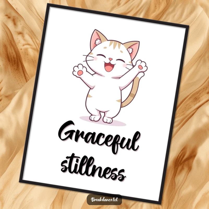 Funny, printable digital art of a happy cat in a freeze pose on one paw with tail high, radiating balance and style.