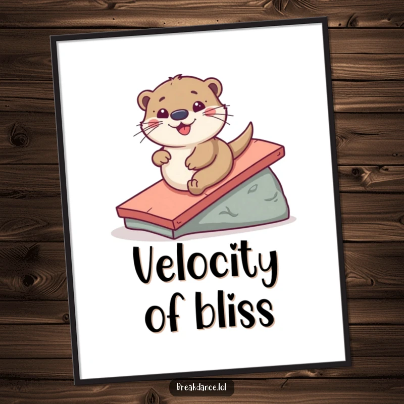Funny digital art print of a playful otter sliding down a ramp, capturing the exhilarating and hilarious essence of aquatic fun.