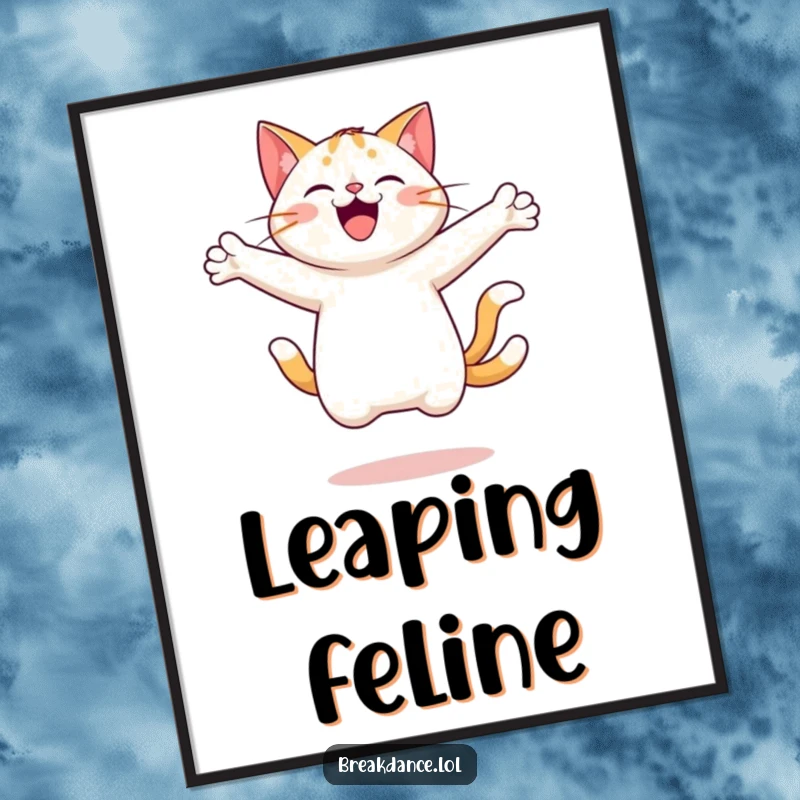 Funny digital art print of a cheerful cat leaping and spinning with arms outstretched, bringing instant joy and humor to any wall.