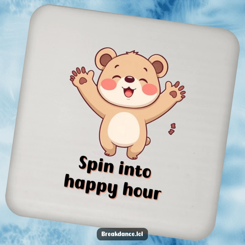 Funny bear cub windmill drink coaster, a cartoon cub performing a windmill, adding a touch of cute humor.