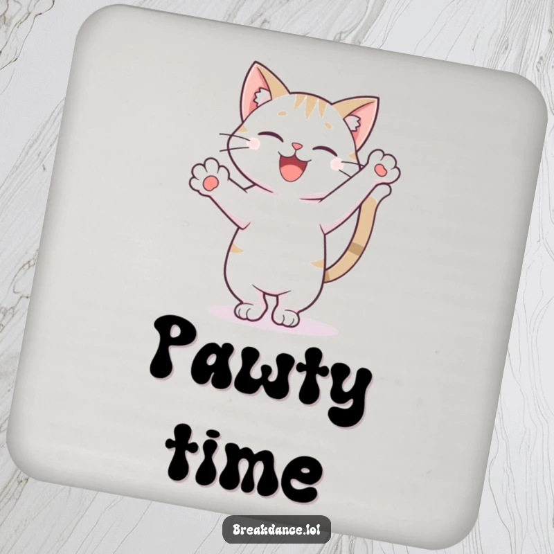 Funny drink coasters showing a happy cat in a freeze pose on one paw with tail high, protecting tables with style.