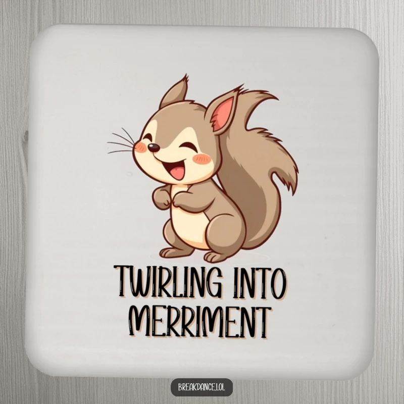 Funny squirrel headspin drink coaster, a cartoon squirrel in a blur of motion, tail swishing, adding humor.