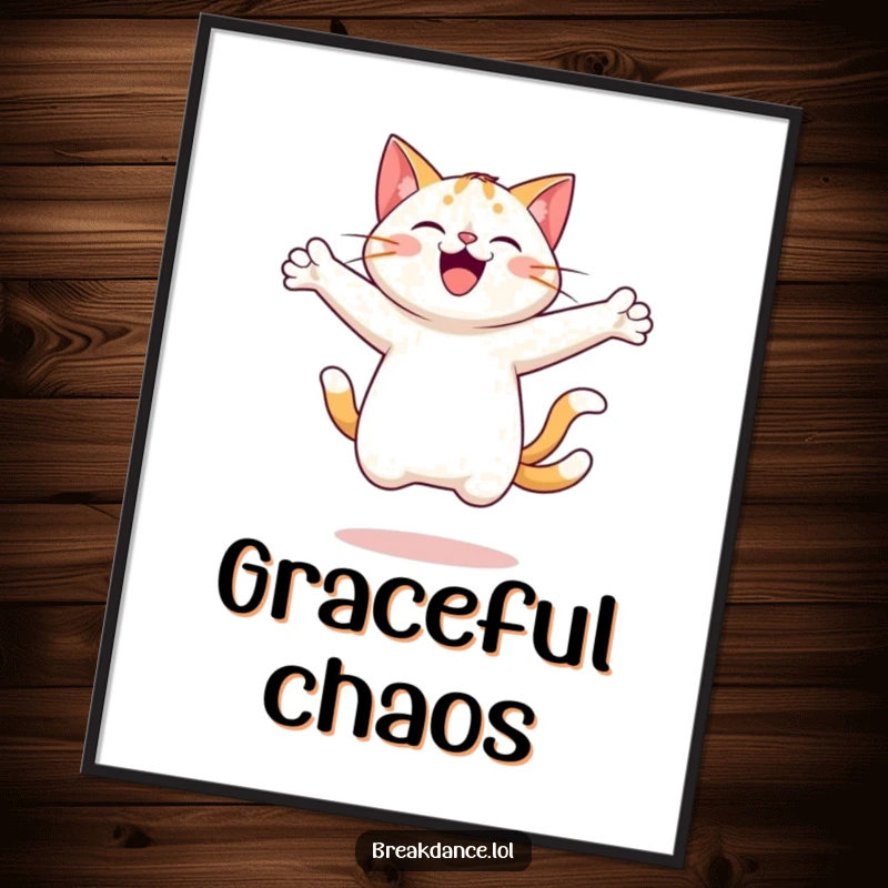 Funny poster featuring a cheerful cat in a dynamic pose, leaping and spinning with arms outstretched, capturing pure feline exuberance.