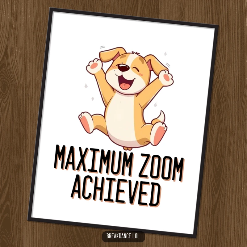 Funny dog leaping poster, a vibrant cartoon of a dog jumping high with paws spread, conveying pure exhilaration.