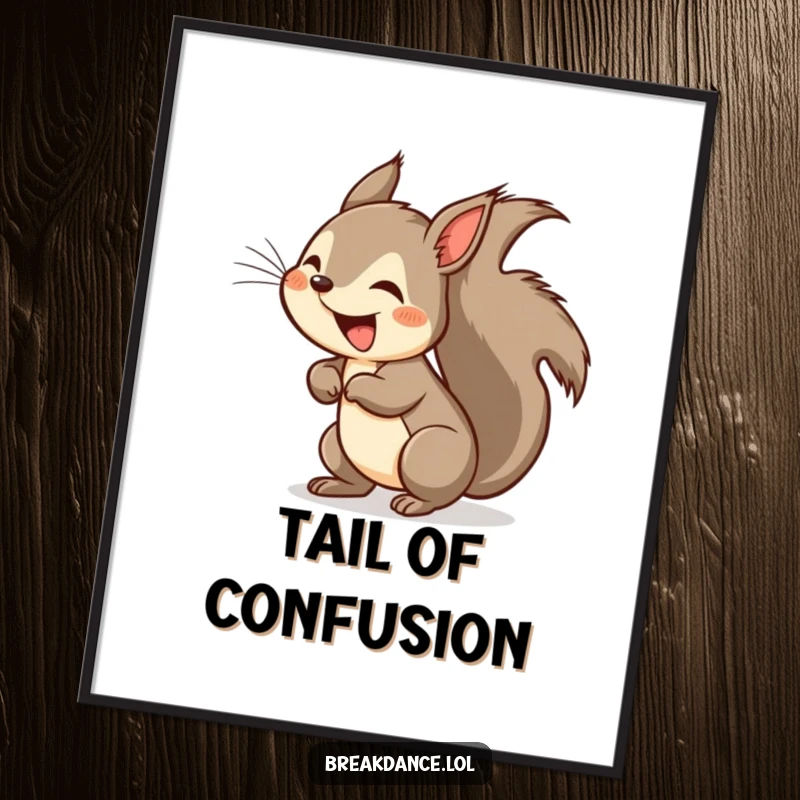 Funny squirrel headspin poster, a vibrant artwork of a cartoon squirrel spinning rapidly, tail a blur, full of life.