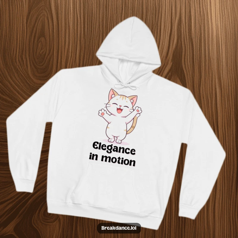 Funny, cozy hoodie depicting a happy cat in a freeze pose on one paw with tail high, radiating effortless cool.