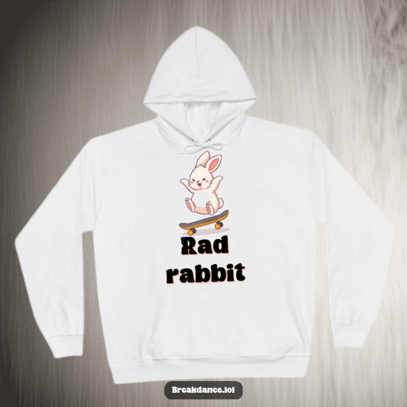 Funny hoodie depicting a fluffy bunny rabbit performing a gravity-defying backflip while balancing on a tiny skateboard.