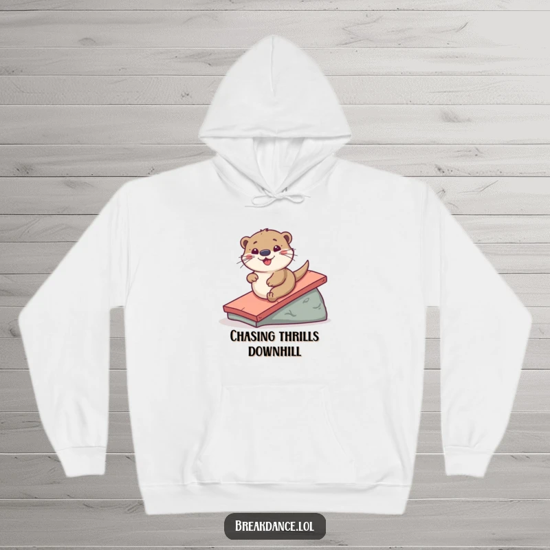 Funny hoodie featuring a playful otter sliding smoothly down a ramp, offering warmth and a dose of hilarious water-themed fun.