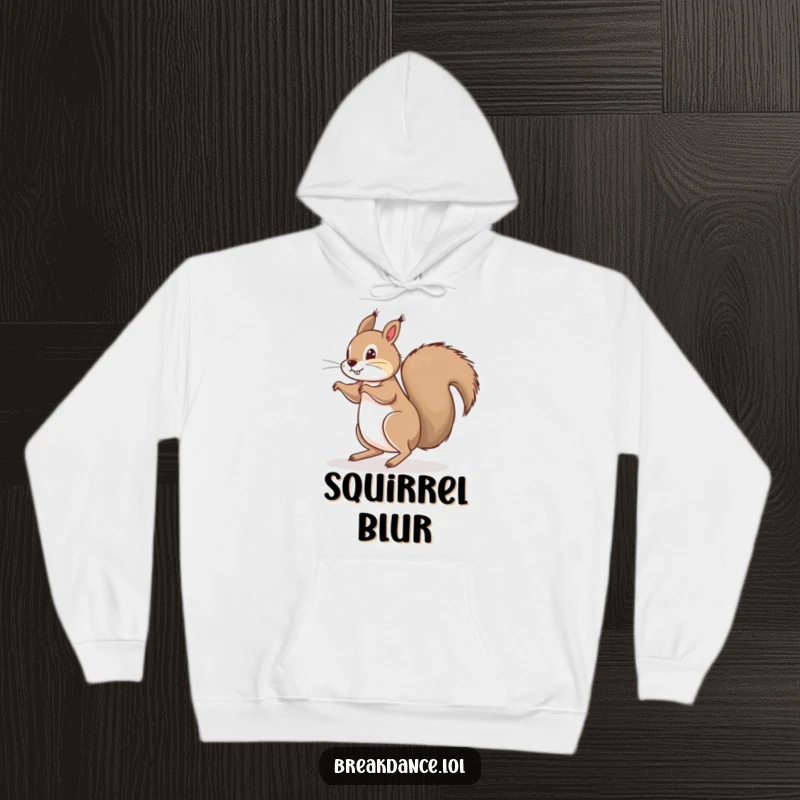 Funny hoodie depicting a playful squirrel executing a rapid floor spin, balancing expertly on its bushy tail with a look of concentration.