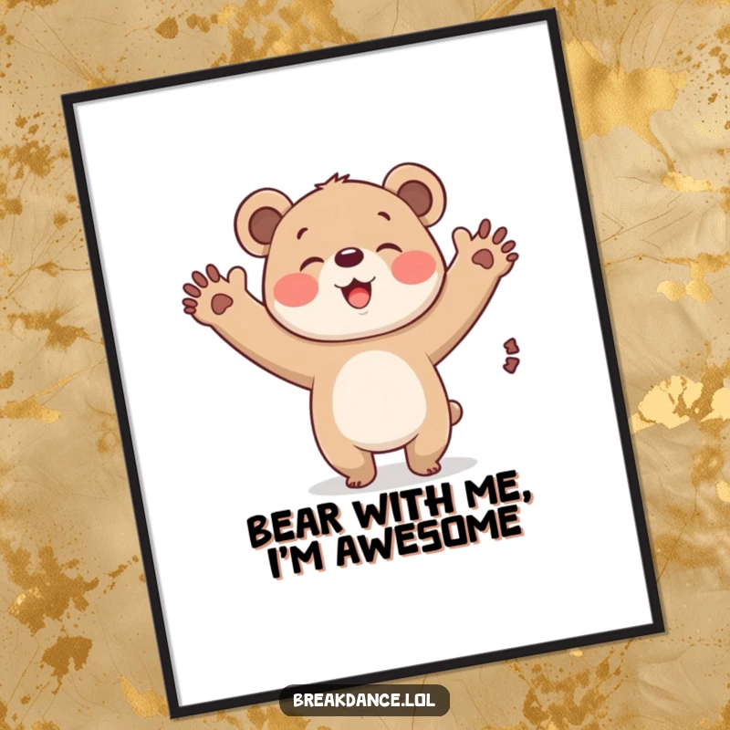 Funny Free Printable Wall Art: A cute bear cub captured mid-windmill, arms flailing joyfully, radiating infectious giggles.