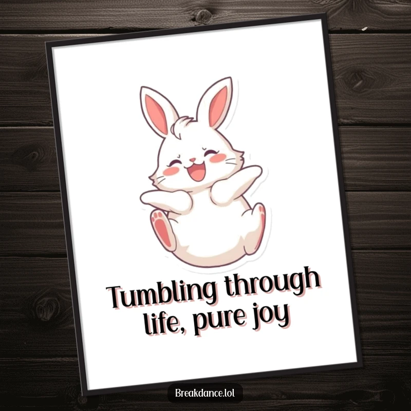 Funny Free Printable Wall Art: Fluffy bunny spinning on its back, legs kicking joyfully, hilarious downloadable art.