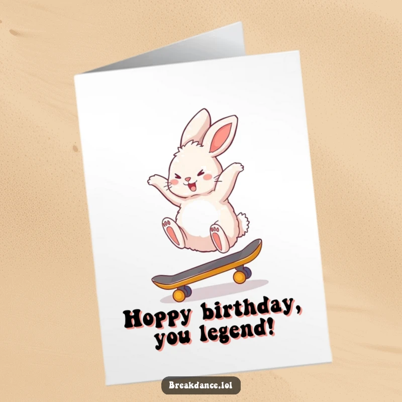 Funny Free Printable Birthday Card featuring an energetic fluffy bunny performing an impressive backflip on a tiny skateboard, mid-air.