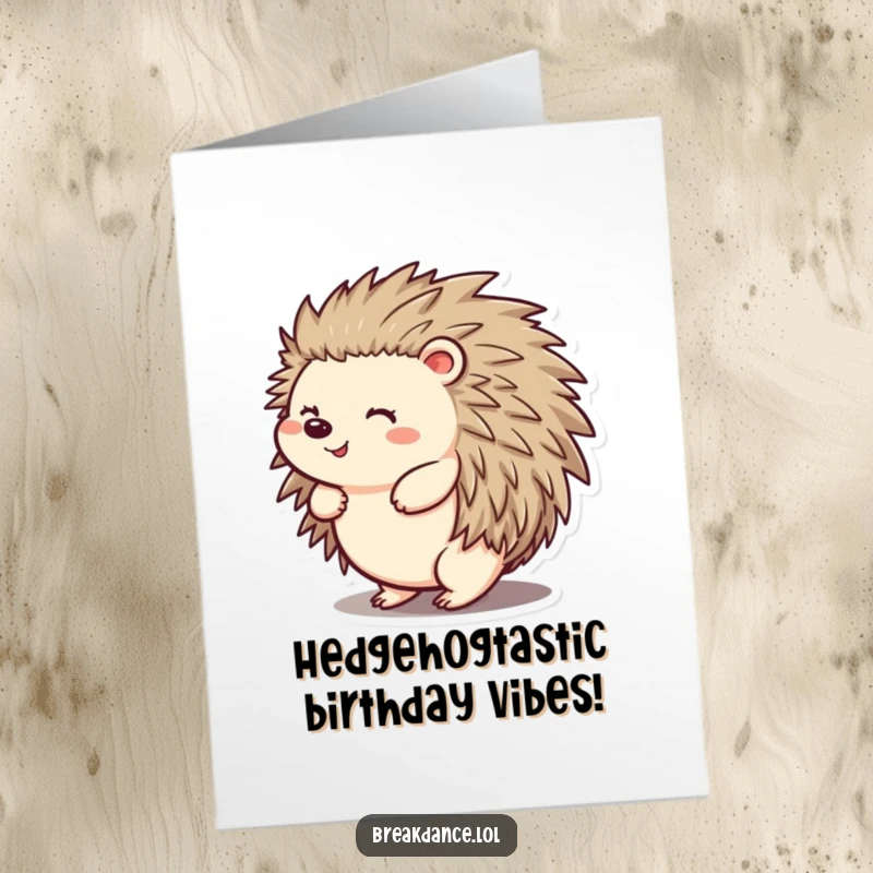 Funny Free Printable Birthday Card with a cheerful hedgehog spinning joyfully on its back, ready for a laugh.