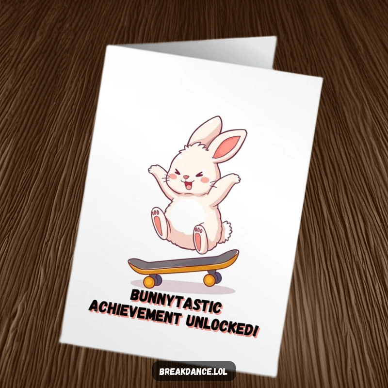 Funny Free Printable Congratulations Card showing a fluffy bunny executing a daring backflip on a miniature skateboard, celebrating success.