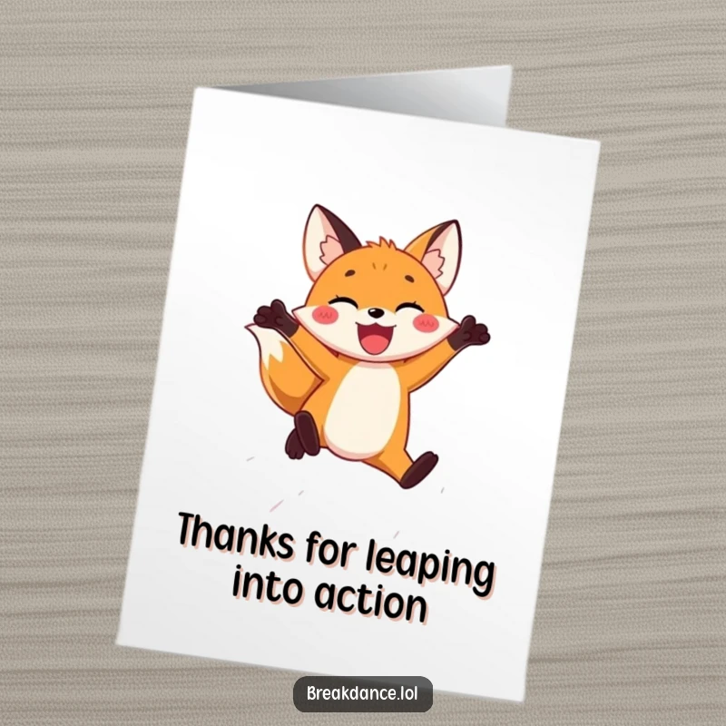 Funny Free Printable Thank You Card: A joyful fox leaping through the air, a dynamic way to show thanks.