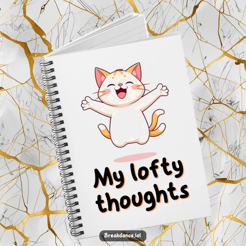 Funny notebook adorned with a cheerful cat leaping and spinning with arms outstretched, perfect for notes, sketches, and joyful ideas.