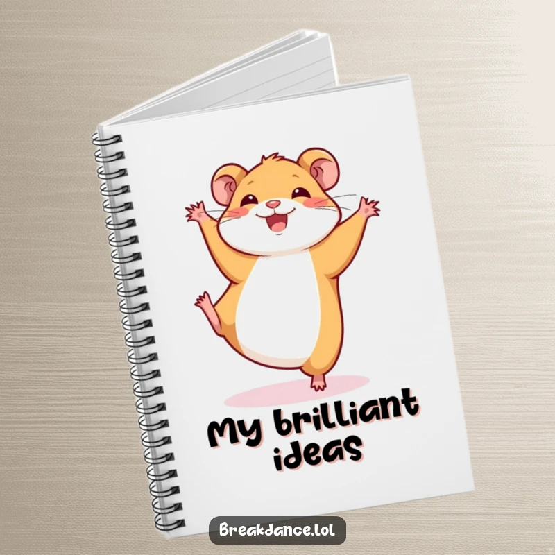 Funny notebook with a smiling hamster doing a cartwheel on the cover. Perfect for journaling, note-taking, and doodling with humor.
