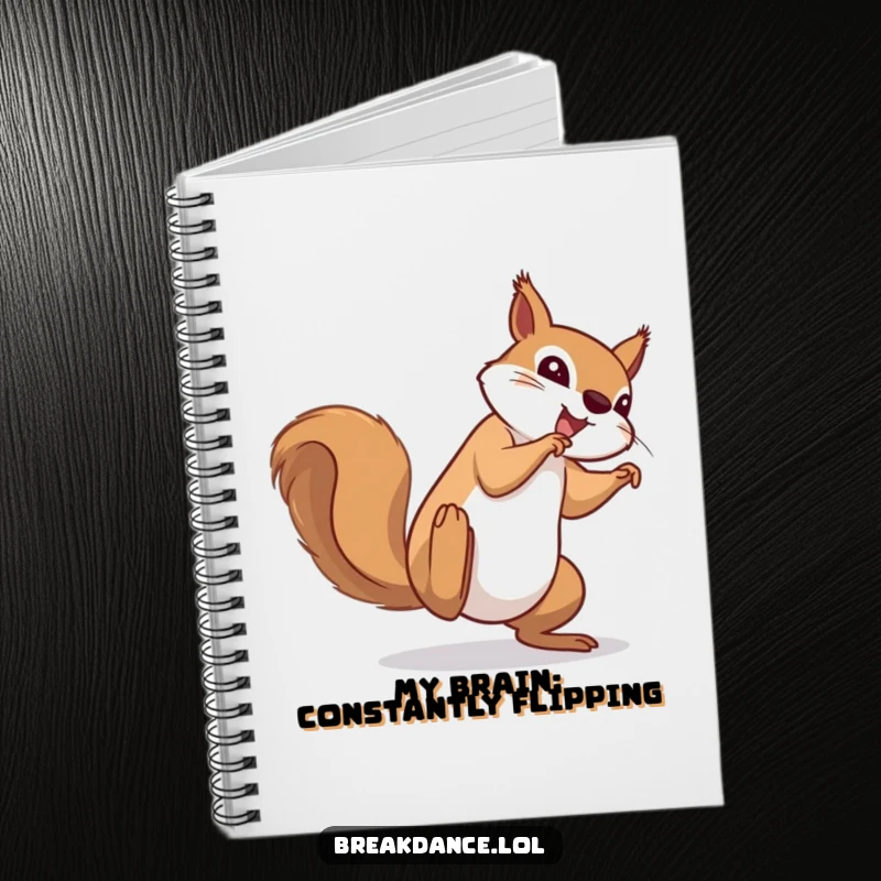 Funny notebook with a determined squirrel doing a cartwheel, designed for jotting down hilarious notes and brilliant ideas with energetic flair.