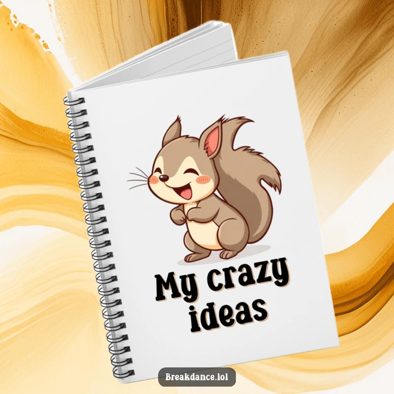 Funny squirrel headspin notebook, the cover depicts a cartoon squirrel in a full headspin, tail a blur of motion.