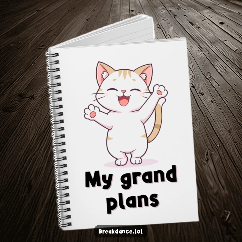 Funny notebook featuring a happy cat in a freeze pose on one paw with tail high, perfect for jotting down elegant thoughts.