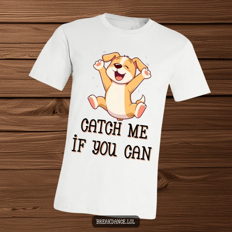 Funny dog leaping t-shirt, a cartoon dog joyfully jumping in the air, paws outstretched, embodying boundless energy.
