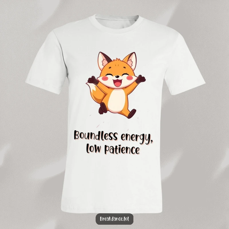 Funny t-shirt depicting a joyful fox captured mid-leap through the air, showcasing hilarious exuberance and playful freedom.