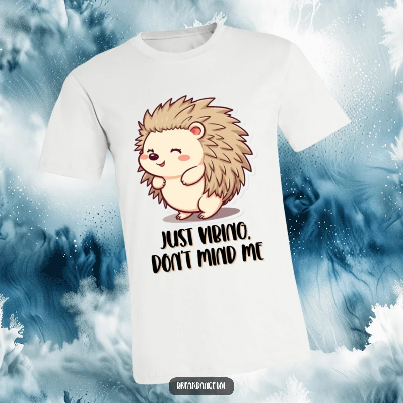 Funny t-shirt featuring a cheerful hedgehog spinning excitedly on its back, radiating pure joy and hilarious, carefree energy.