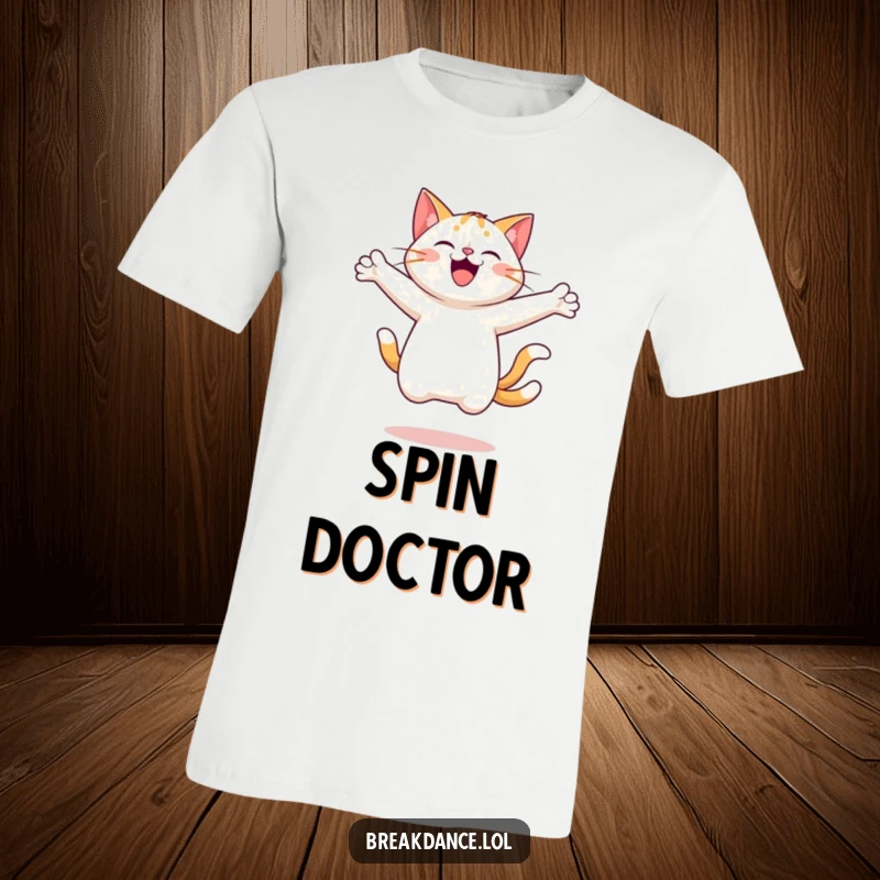 Funny t-shirt depicting a cheerful cat in mid-air, leaping and spinning with arms wide open in a display of pure delight.